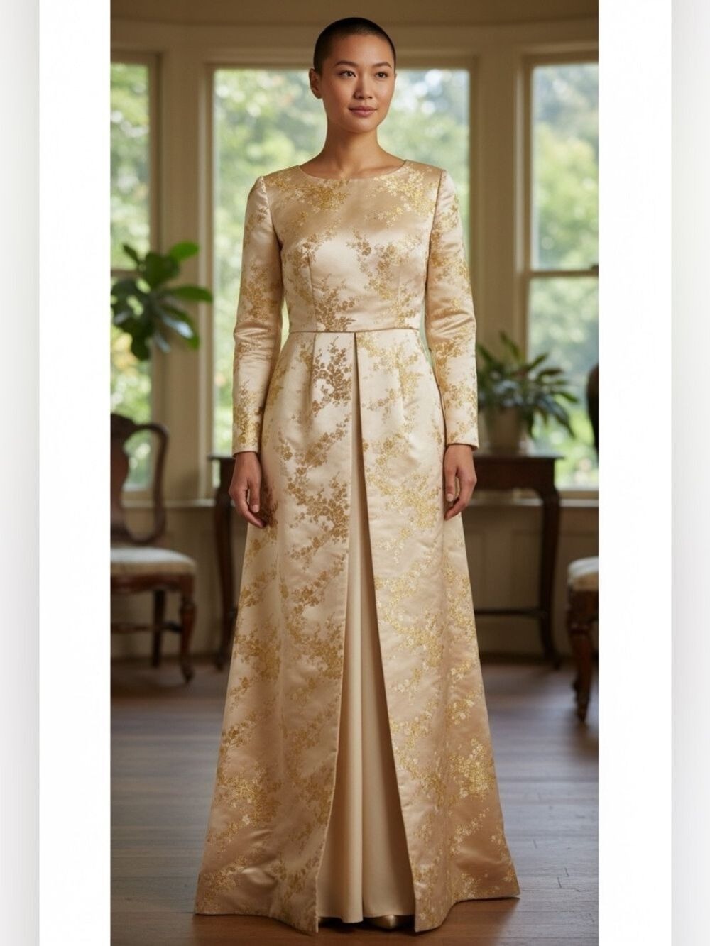 50s CUSTOM MADE SILK BROCADE CREAM & GOLDEN YELLOW FLORAL MCM MAXI GOWN SZ S